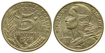 Франция 5 сантимов 1998 тип Марианна KM 933 медь алюминий никель 4679-967