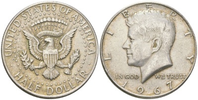 США 1/2 доллара (50 центов) 1967 Джон Кеннеди KM 202a серебро 221-1022