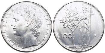 Италия 100 лир 1979 R, Афина в доспехах KM 96.1 нержавеющая сталь 4112-611