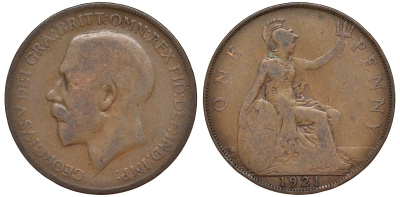 Великобритания 1 пенни 1921 Георг V (1910-1936) KM 810, Spink 4051 бронза 4123-1142