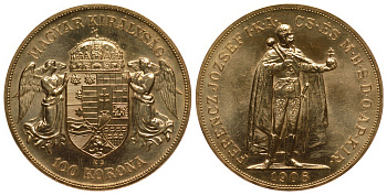 Венгрия 100 корон 1908 U.P, Император Франц Иосиф I (1848-1916), рестрайк KM 491 золото UNC 00-000-00