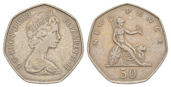 Великобритания 50 пенсов 1969 Елизавета II (1952-2022) KM 913, Spink 4223 медно-никель 4634-546