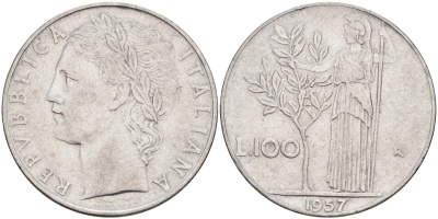 Италия 100 лир 1957 R, Афина в доспехах KM 96.1 нержавеющая сталь 4683-442
