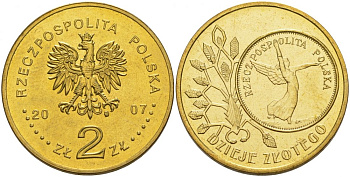 Польша 2 злотых 2007 MW, серия история польского злотого, Ника KM 592 нордик UNC 4676-436