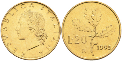 Италия 20 лир 1995 R, дубовый лист KM 97.2 алюминиевая бронза  UNC  4594-1011