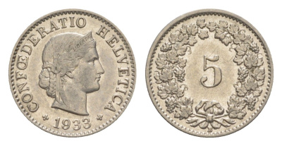 Швейцария 5 раппенов 1933 B KM 26 медно-никель 4630-1212