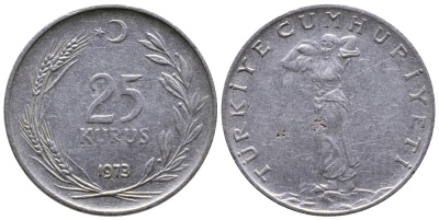 Турция 25 курушей 1973 KM 892.3 нержавеющия сталь 4681-815