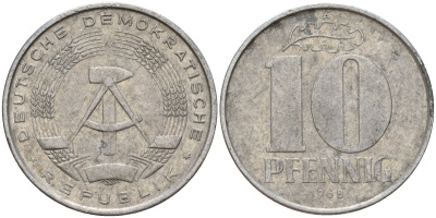ГДР 10 пфеннигов 1968 A KM 10 алюминий 55-337