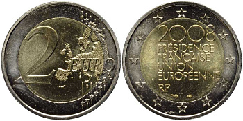 Франция 2 евро 2008 председательство в ЕС KM 1459 биметалл UNC 4112-322