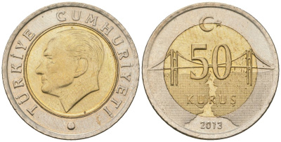 Турция 50 курушей 2013 KM 1243 биметалл 4610-1136
