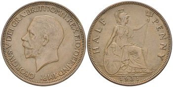 Великобритания 1/2 пенни 1931 Георг V (1910-1936) KM 837, Spink 4058 бронза 33-316