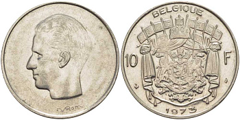 Бельгия 10 франков 1973 Belgique, Бодуэн I (1951-1993) KM 155.1 никель 38-645