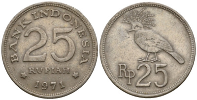 Индонезия 25 рупий 1971 венценосный голубь KM 34 медно-никель UNC 4602-116