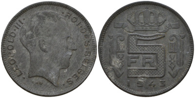 Бельгия 5 франков 1943 DES BELGES KM 129.1 цинк 4556-1032