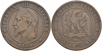 Франция 10 сантимов 1864 BB, Наполеон III (1852-1870) KM 798.2, Le Franc 134.12 бронза 3460-915