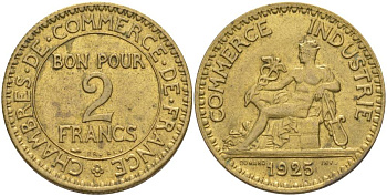 Франция 2 франка 1925 тип Chambre de commerce KM 877, Le Franc 267.7 алюминиевая бронза 3460-532