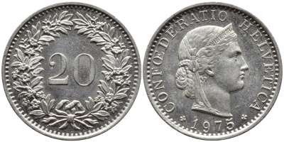Швейцария 20 раппенов 1975 KM 29а медно-никель 4391-1054