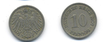 Германия 10 пфеннигов 1907 A KM 12, J. 13 медно-никель 58-252