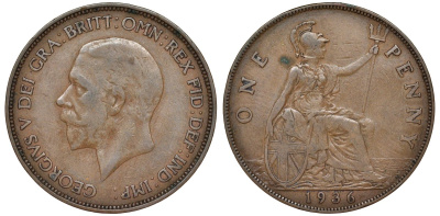Великобритания 1 пенни 1936 Георг V (1910-1936) KM 838, Spink 4055 бронза 51-2317