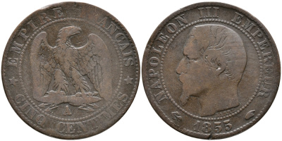 ФРАНЦИЯ 5 САНТИМОВ 1855 А, НАПОЛЕОН III (1852-1870) KM 777.1, LE FRANC 116.17 бронза 28-916