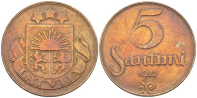 ЛАТВИЯ 5 САНТИМОВ 1922 ПЕРВАЯ РЕСПУБЛИКА (1918-1939), WITHOUT NAME KM 3 бронза 119-146