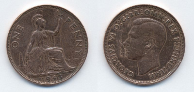 Великобритания 1 пенни 1945 Георг VI (1936-1952) KM 845, Spink 4114 бронза 56-234