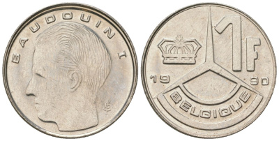 Бельгия 1 франк 1990 BELGIQUE, Бодуэн I (1951-1993) KM 170 нержавеющая сталь 4547-742