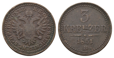 Австрия 3 крейцера 1851 B, Франц Иосиф I (1848-1916) KM 2193 медь    4112-646