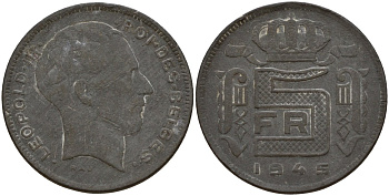 Бельгия 5 франков 1945 Belges, Леопольд III (1934-1947), германская оккупация KM 129.1 цинк 4161-946