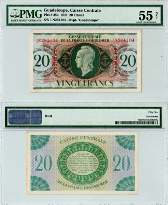 Гваделупа 20 франков 1944 в слабе PMG 50 (about Uncirculated).Голова победы Pick 28a  бумага  aUNC 452-3-28