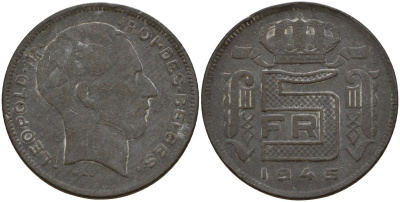 Бельгия 5 франков 1945 Belges, Леопольд III (1934-1947), германская оккупация KM 129.1 цинк 4161-946