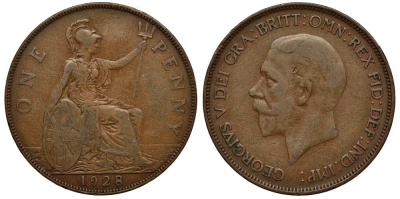 Великобритания 1 пенни 1928 Георг V (1910-1936) KM 838, Spink 4055 бронза 3460-645