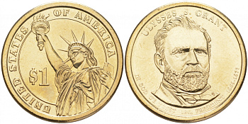 США 1 доллар 2011 D, Президент США - Улисс Грант (1869-1877) KM 500 медь с марганцево-латунным покрытием UNC M31-13