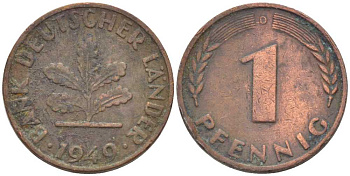 ФРГ 1 ПФЕННИГ 1949 D KM А101, J.376 сталь плакированная медью 4396-1624