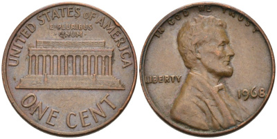 США 1 цент 1968 Линкольн KM 201 медь цинк 4564-446