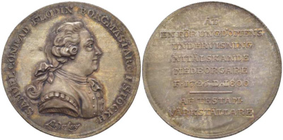 ШВЕЦИЯ МЕДАЛЬ ND ПАМЯТИ МЭРА СТОКГОЛЬМА САМУЭЛЯ КОНРАДА ФЛОРИНА (1726-1800), МЕДАЛЬЕР LUNDERBERY, ДИАМЕТР 34 ММ., ВЕС 12,4 ГР. серебро UNC 1084-2-43