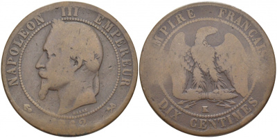 Франция 10 сантимов 1862 K, Наполеон III (1852-1870) KM 798.3, Le Franc134.7 бронза 3460-913