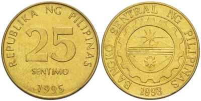 ФИЛИППИНЫ 25 СЕНТИМО 1995 KM 271 латунь 4544-541