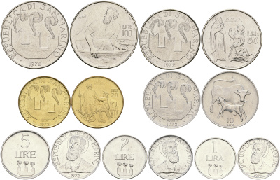 Сан-Марино годовой набор из 7 монет 1972 1, 2, 5, 10, 20, 50 и 100 лир KM 14-20 UNC 3-6-4-22