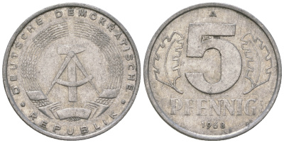 ГДР 5 пфеннигов 1968 A KM 9.1 алюминий 4625-618