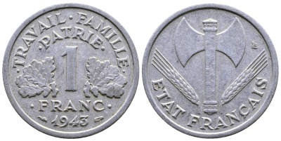 ФРАНЦИЯ 1 ФРАНК 1943 LB, ТИП LEGERE, ПРАВИТЕЛЬСТВО ВИШИ KM 902.1, LE FRANC 223.3 алюминий 51-4132