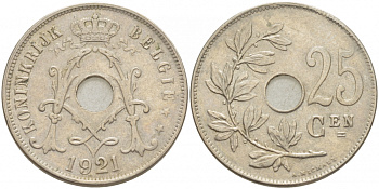 Бельгия 25 сантимов 1921 Belgie, Альберт I (1909-1934) KM 69 медно-никель 87-1527