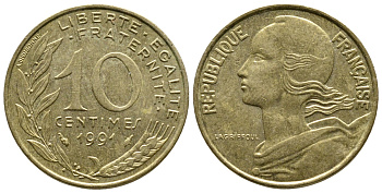 Франция 10 сантимов 1991 тип Марианна KM 929, LE FRANC 144.31 медь алюминий никель 3461-234