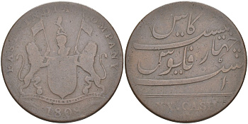 Индия, Мадрас (Madras) 20 кэш 1808 британская колония, вес 8,6 гр. KM 321 медь 4112-225