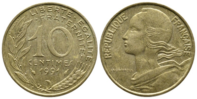Франция 10 сантимов 1991 тип Марианна KM 929, LE FRANC 144.31 медь алюминий никель 3461-234