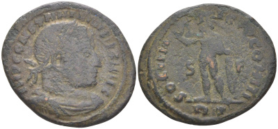 Римская Империя нуммий 315 Константин I Великий, бюст императора, IMP CONSTANTINVS P F AVG / бог Соль, SOLI INVICTO COMITI S F RP, Рим RIC 33 биллон 1073-13-113
