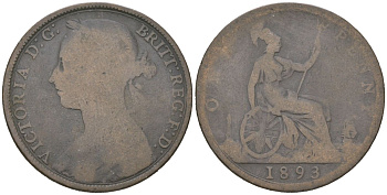 Великобритания 1 пенни 1893 Виктория (1837-1901) KM 755, Spink 3954 бронза 3460-1013
