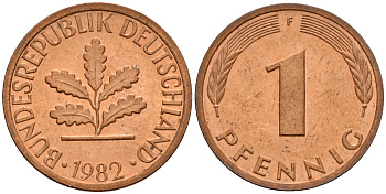 ФРГ 1 пфенниг 1982 F KM 105, J. 380 сталь плакированная медью    4598-622