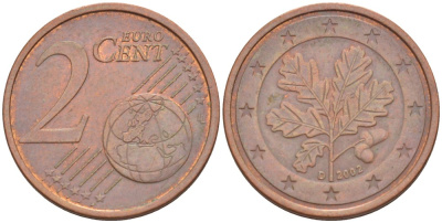 ГЕРМАНИЯ 2 ЕВРОЦЕНТА 2002 D KM 208 сталь плакированная медью 4532-325