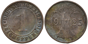 Германия 1 рейхспфенниг 1925 J KM 37, J. 313 бронза 4516-549